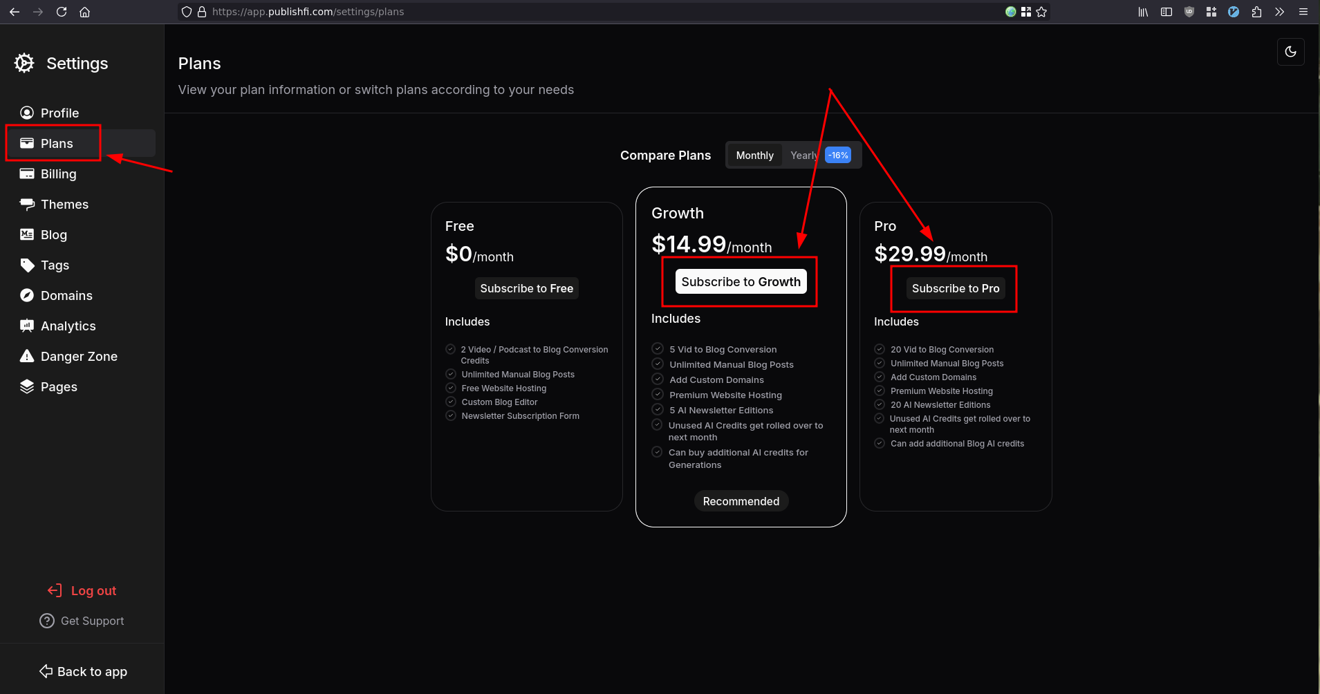 Upgrade Plan Page